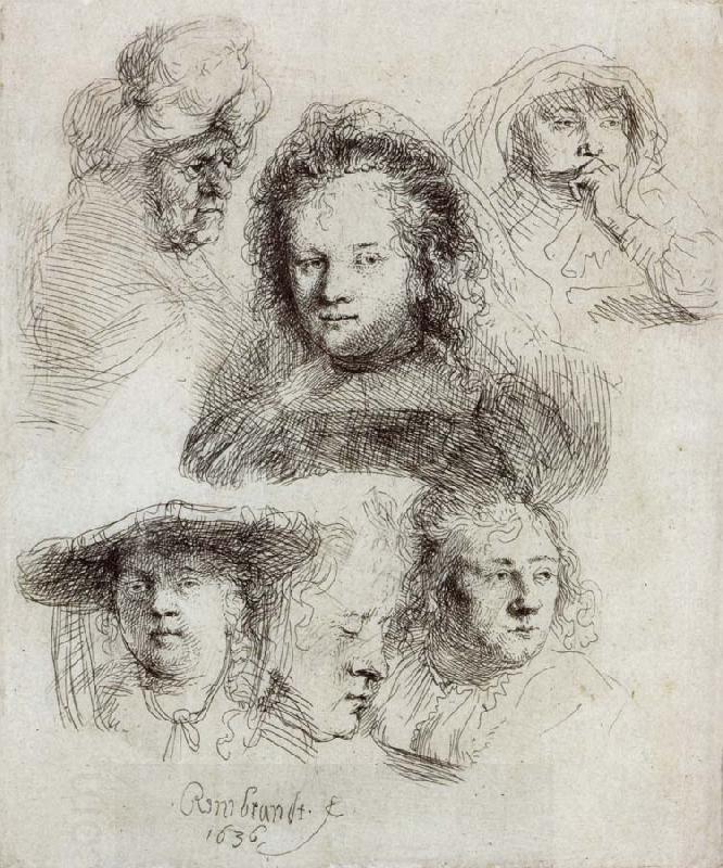 REMBRANDT Harmenszoon van Rijn Studies of the Head of Saskia and Others China oil painting art